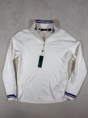 NWT Bobby Jones Large White Quarter-Zip Sweater with Blue Trim Performance Golf